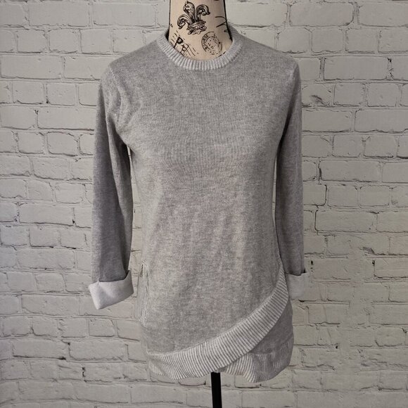 Tahari Asymmetrical Hem Roll Cuff Knit Sweater Cotton Two Tone Grey S - Picture 8 of 9
